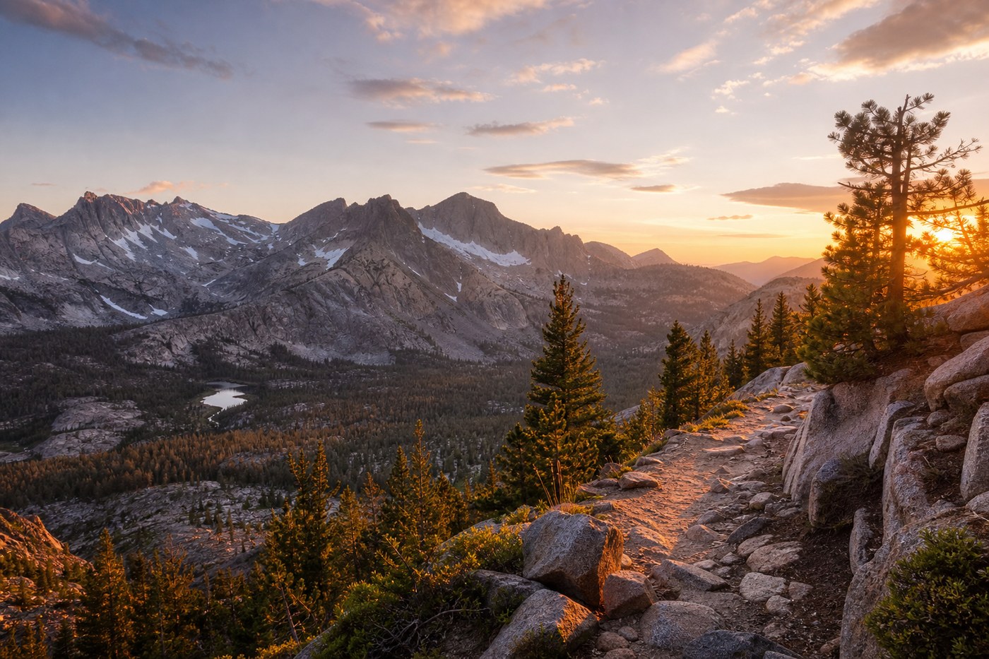 Sendero de montaña en Sierra Nevada al amanecer